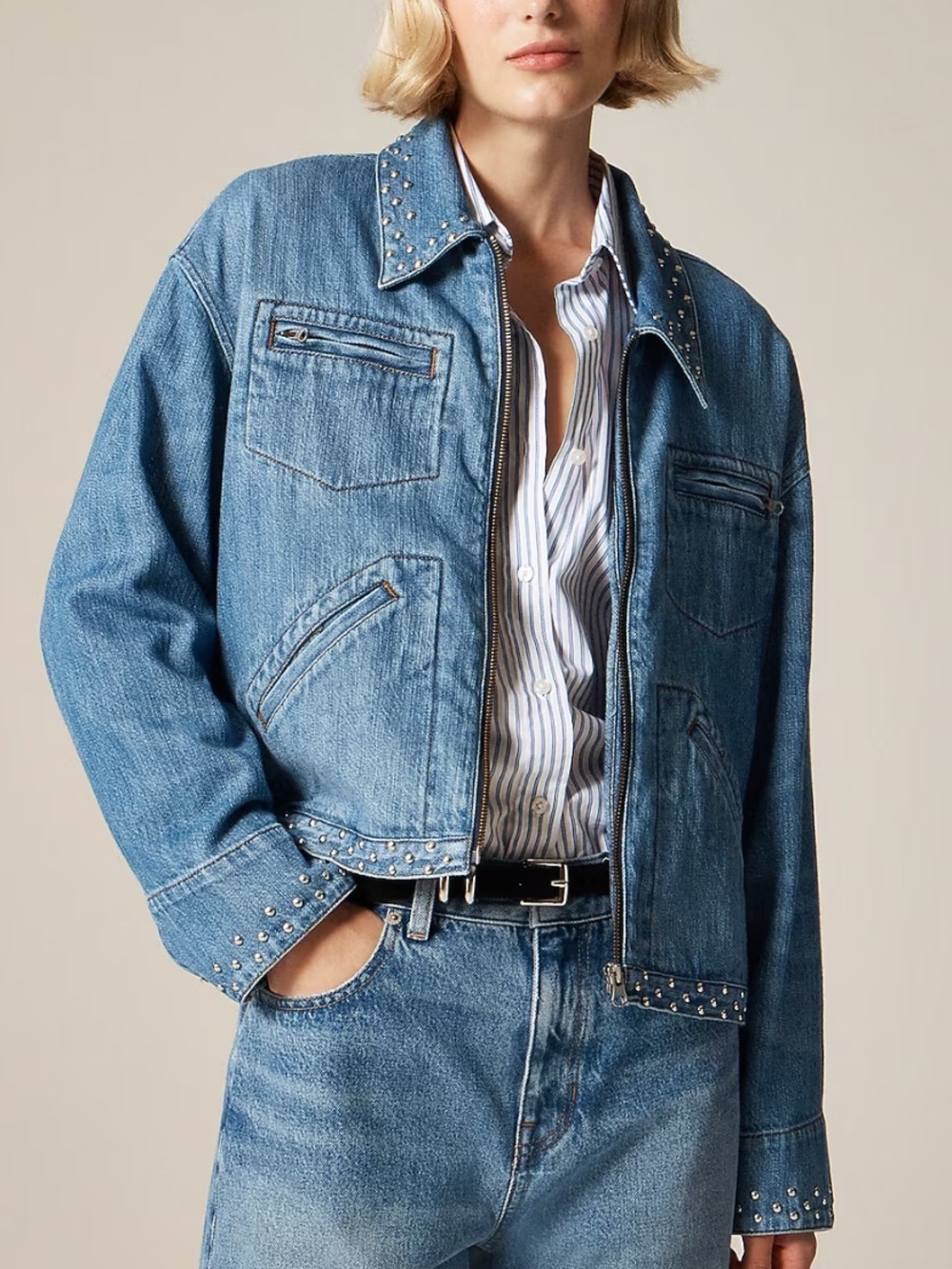J crew Cropped denim jacket with stud embellishments